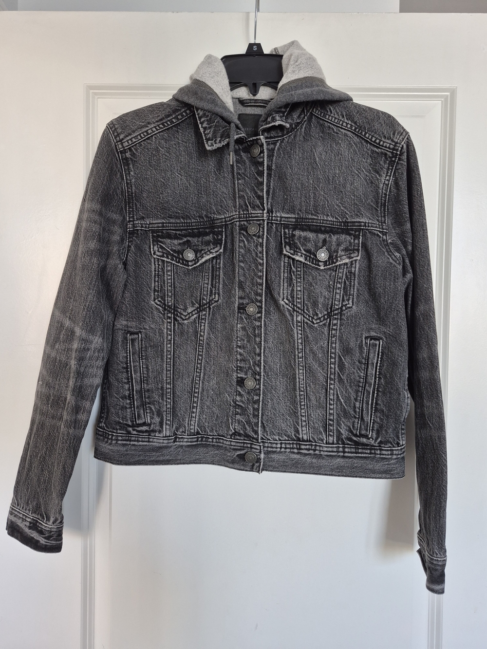 American Eagle Outfitters Black Washed Denim Jacket with Gray Hood
